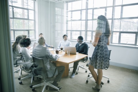 Businesswoman talking behind window in meeting
