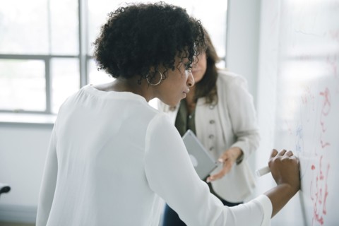 Businesswoman writing on whiteboard in meeting