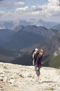 Caucasian mother and baby hiking