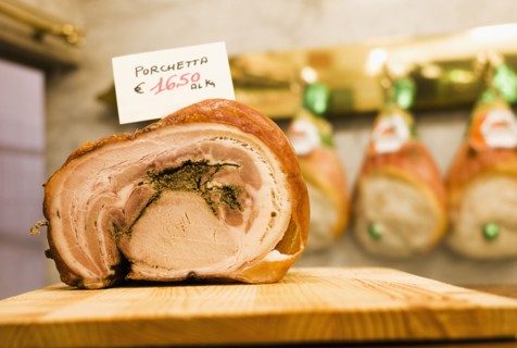 Close up of stuffed Italian porchetta