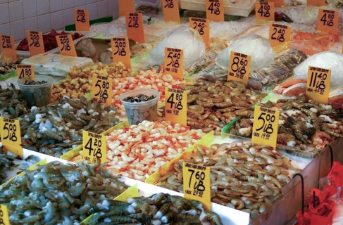 Fresh seafood on ice at market