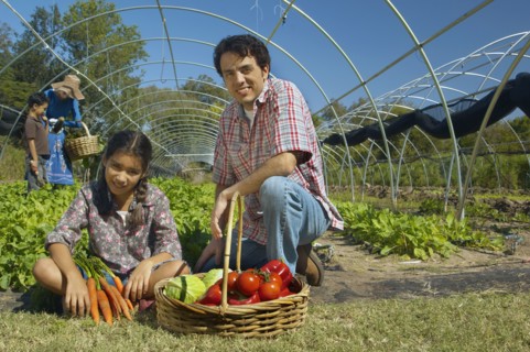 Multi-ethnic father and daughter with organic produce