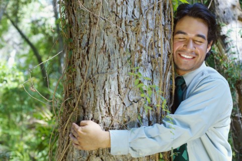 Hispanic businessman hugging tree