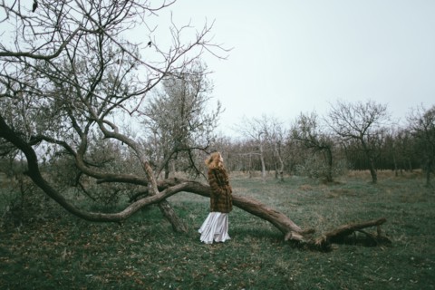 Caucasian woman wearing fur coat near fallen tree