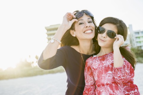 Hispanic mother and daughter wearing sunglasses