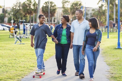African American family relaxing in park
