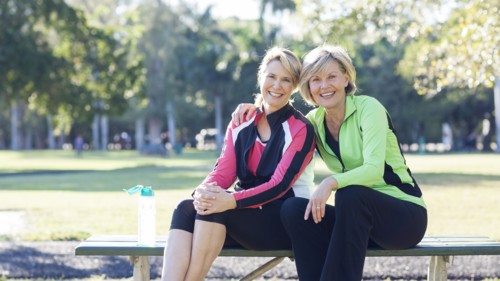 Caucasian women sitting on picnic table in park