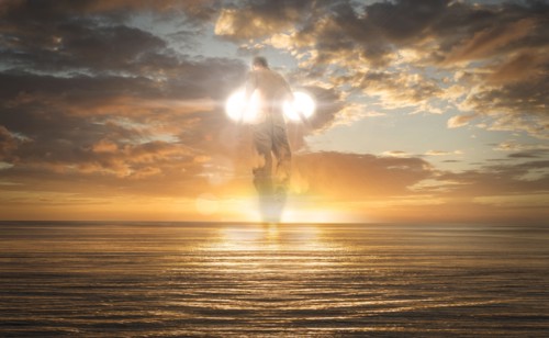 Caucasian man flying over ocean horizon