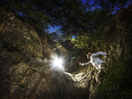 Caucasian man reaching for light in forest