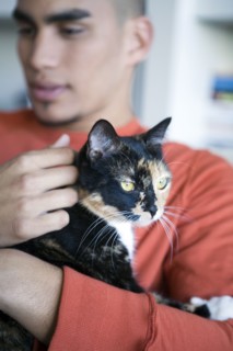 African American man petting cat