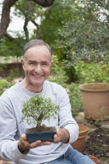 Man holding potted bonsai tree