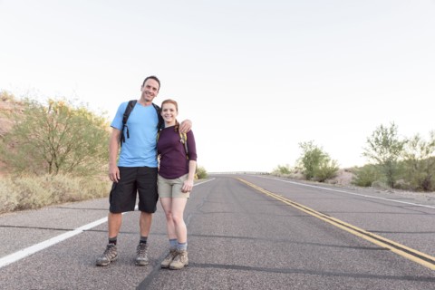 Portrait of hikers posing in street