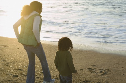 Mother and son walking on the beach