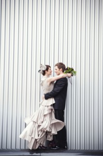 Bride and groom hugging