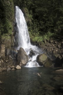 Mixed Race woman swimming in waterfall pool