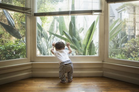 Baby boy looking out window