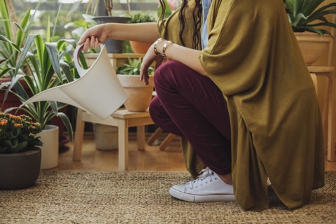 Caucasian woman watering potted plants