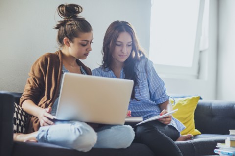 Caucasian women using laptop on sofa