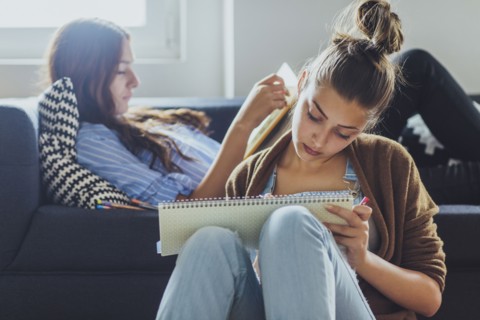 Caucasian women studying in living room
