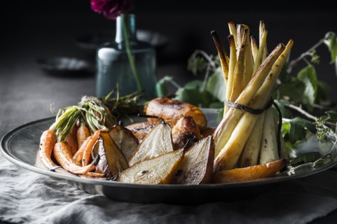Potatoes and greens on plate