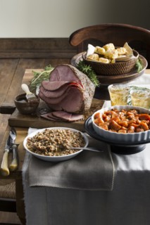 Sliced ham on buffet table