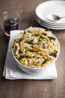 Bowl of Mexican tortilla casserole with corn
