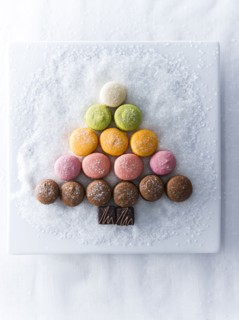 Macaroons and chocolate in shape of tree on plate with sugar