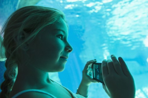 Caucasian girl taking pictures in aquarium