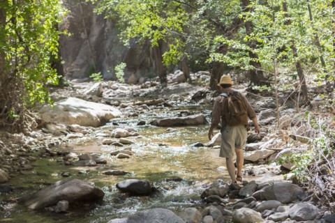 Caucasian man hiking along rocky creek