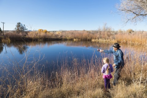 Senior man and granddaughter watching calm lake