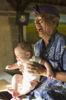 Hotel concierge holding baby