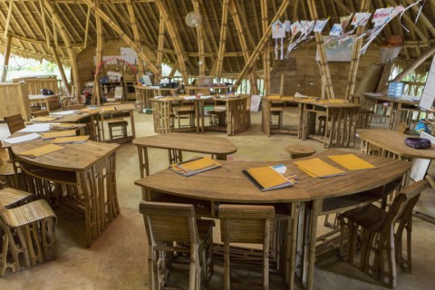 Circular desks in bamboo classroom
