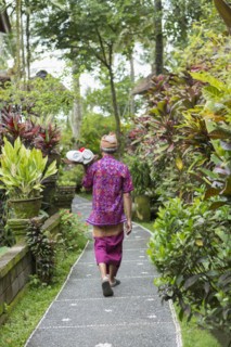 Balinese worker walking along path