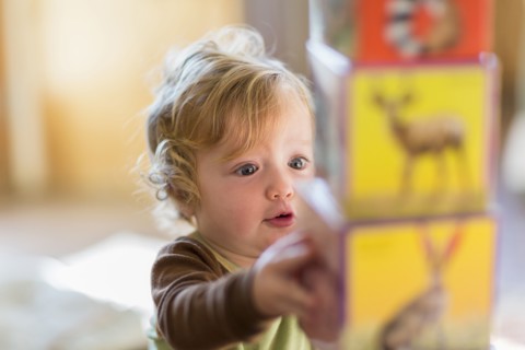 Caucasian baby boy stacking colorful blocks
