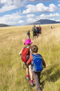 Caucasian children walking in grassy field in remote landscape