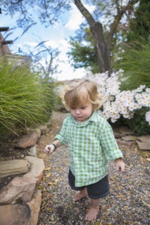 Caucasian baby boy walking in garden