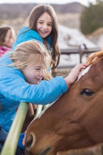 Caucasian girls petting horse on ranch