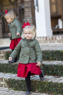 Caucasian girls in holiday dresses on steps