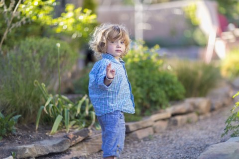 Caucasian baby boy playing in garden