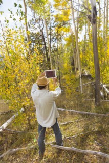 Man photographing with digital tablet in autumn forest