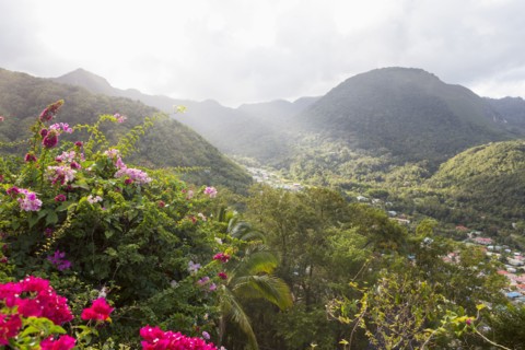 Scenic view of valley and mountains