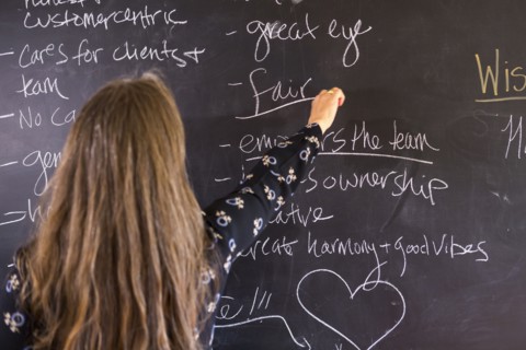 Caucasian teacher underlining fair on blackboard