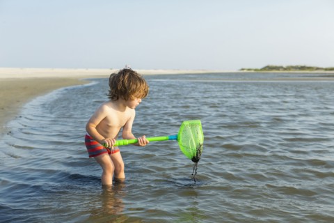 Caucasian boy wading in ocean holding