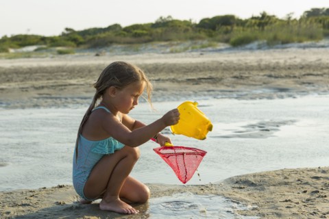 Caucasian girl kneeling on the beach pouring water into net