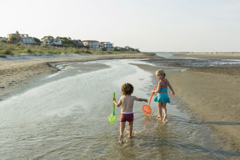Caucasian brother and sister carrying nets on beach