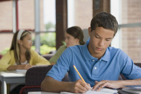 Mixed race teenager doing homework