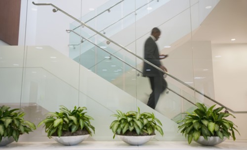African American businessman descending staircase