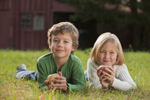 Mixed race brother and sister laying in grass