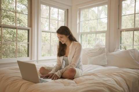 Mixed race girl using laptop in bed