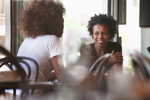 Black friends sitting together in cafe